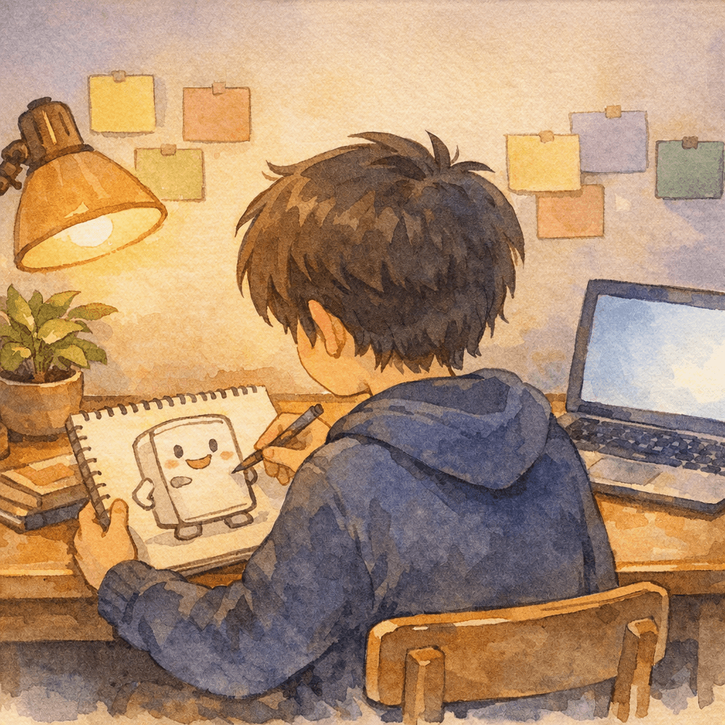 Un jeune créateur de dos, à son bureau le soir, dessinant le personnage mascotte de Picook sur un carnet